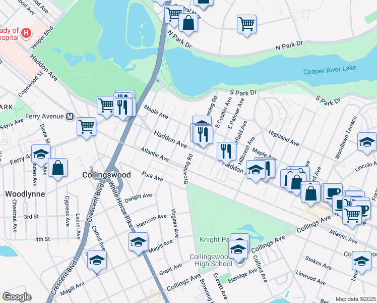 map of restaurants, bars, coffee shops, grocery stores, and more near 274 Haddon Avenue in Collingswood