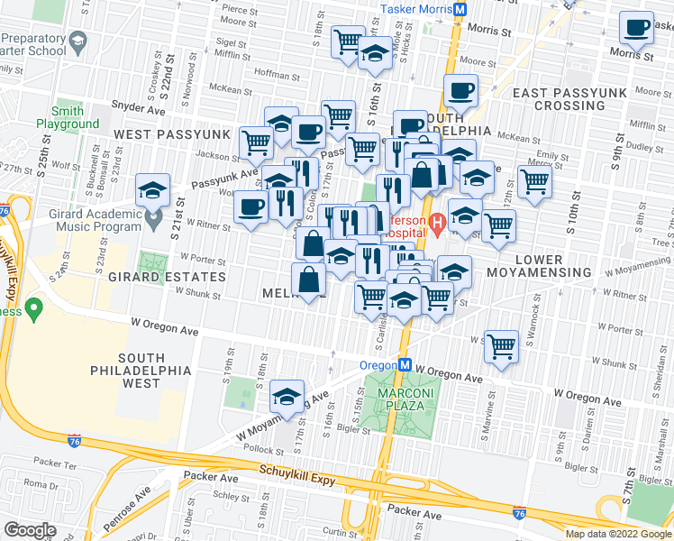 map of restaurants, bars, coffee shops, grocery stores, and more near 2439 South Bancroft Street in Philadelphia