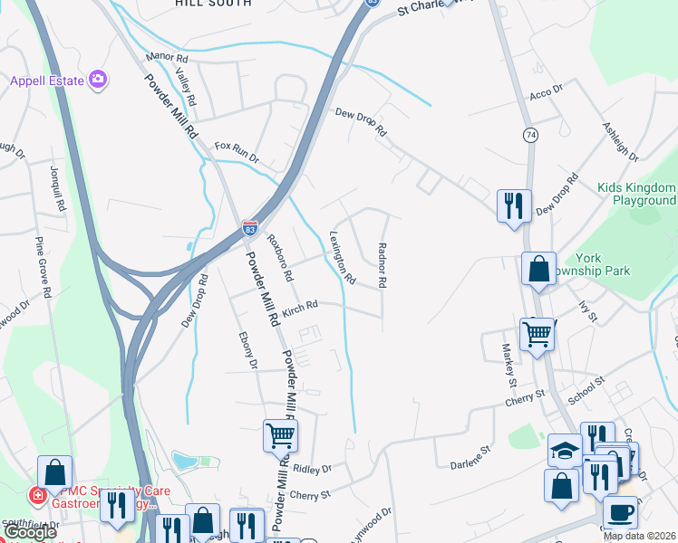 map of restaurants, bars, coffee shops, grocery stores, and more near 118 Lexington Road in York
