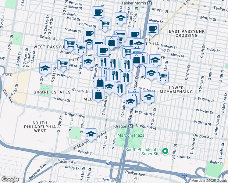 map of restaurants, bars, coffee shops, grocery stores, and more near 2432 South Mole Street in Philadelphia
