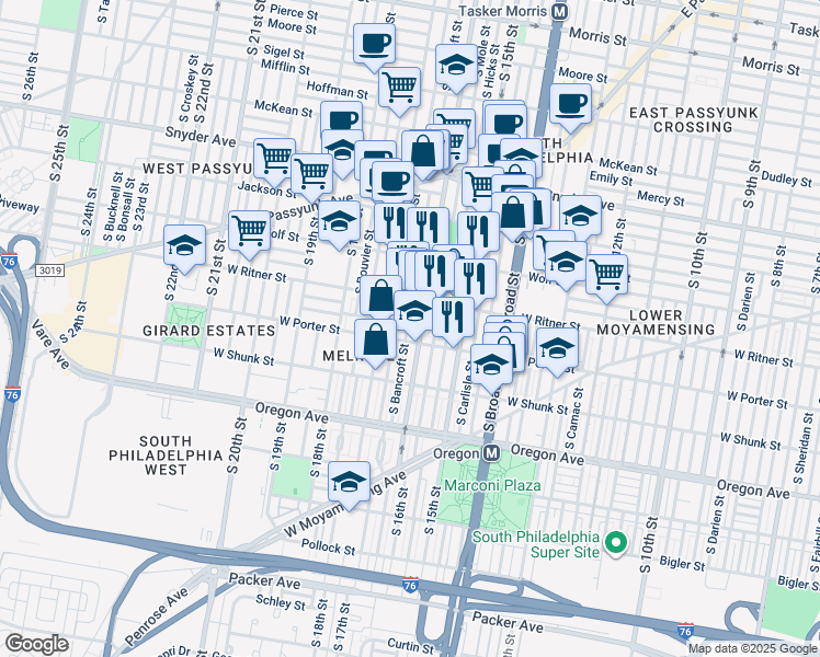 map of restaurants, bars, coffee shops, grocery stores, and more near 2439 South Bancroft Street in Philadelphia