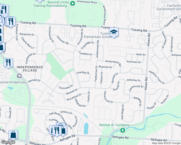 map of restaurants, bars, coffee shops, grocery stores, and more near 6976 Finchley Drive in Reynoldsburg