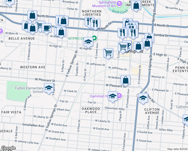 map of restaurants, bars, coffee shops, grocery stores, and more near Little Miami Scenic Trail in Springfield