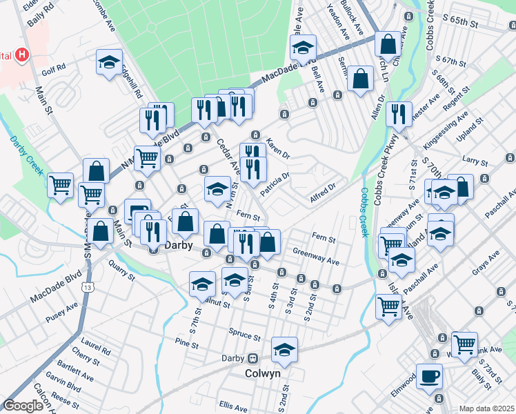 map of restaurants, bars, coffee shops, grocery stores, and more near 516 Cedar Avenue in Darby