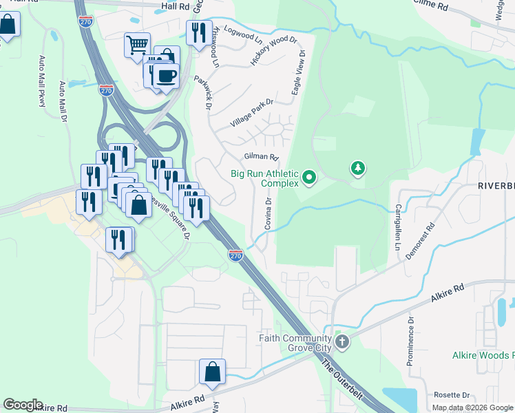 map of restaurants, bars, coffee shops, grocery stores, and more near 1527 Covina Drive in Columbus
