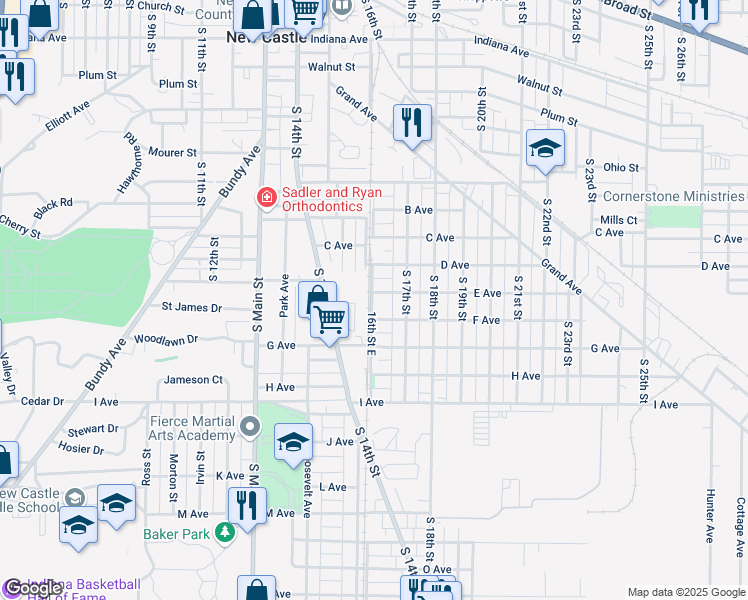map of restaurants, bars, coffee shops, grocery stores, and more near 1620 E Avenue in New Castle
