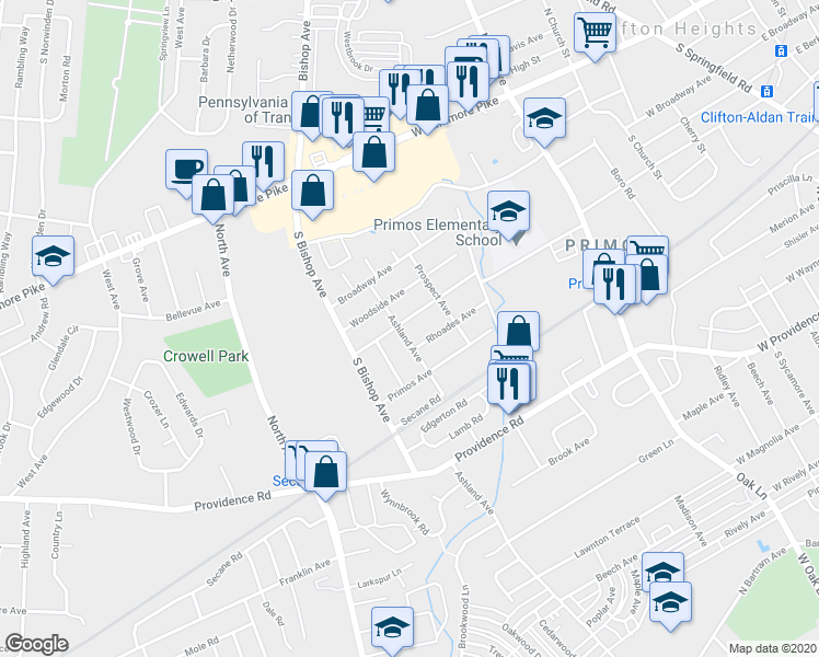 map of restaurants, bars, coffee shops, grocery stores, and more near 303 Ashland Avenue in Secane