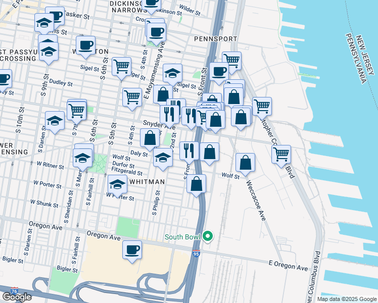 map of restaurants, bars, coffee shops, grocery stores, and more near 100 Jackson Street in Philadelphia