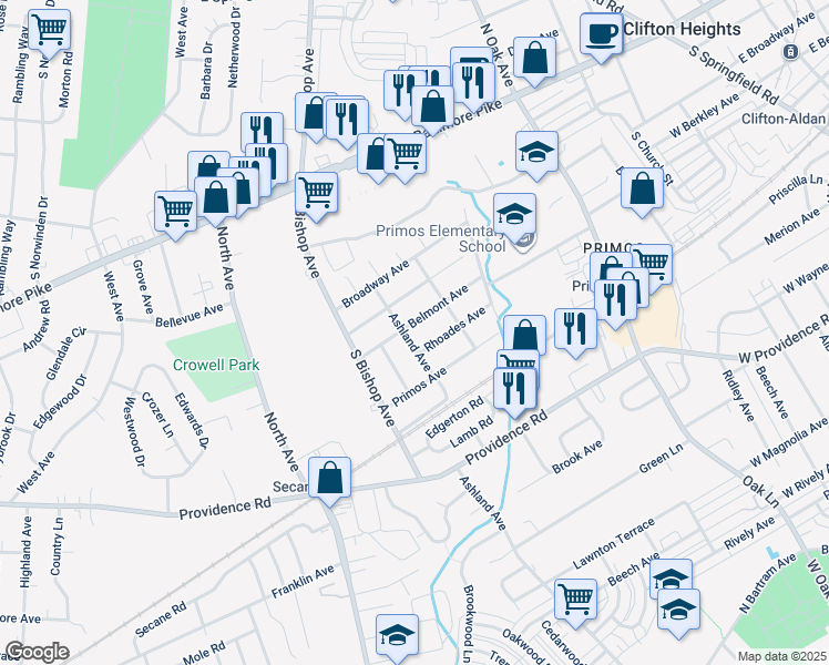 map of restaurants, bars, coffee shops, grocery stores, and more near 303 Ashland Avenue in Secane