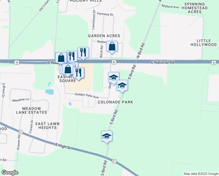 map of restaurants, bars, coffee shops, grocery stores, and more near 151 South Bird Road in Springfield