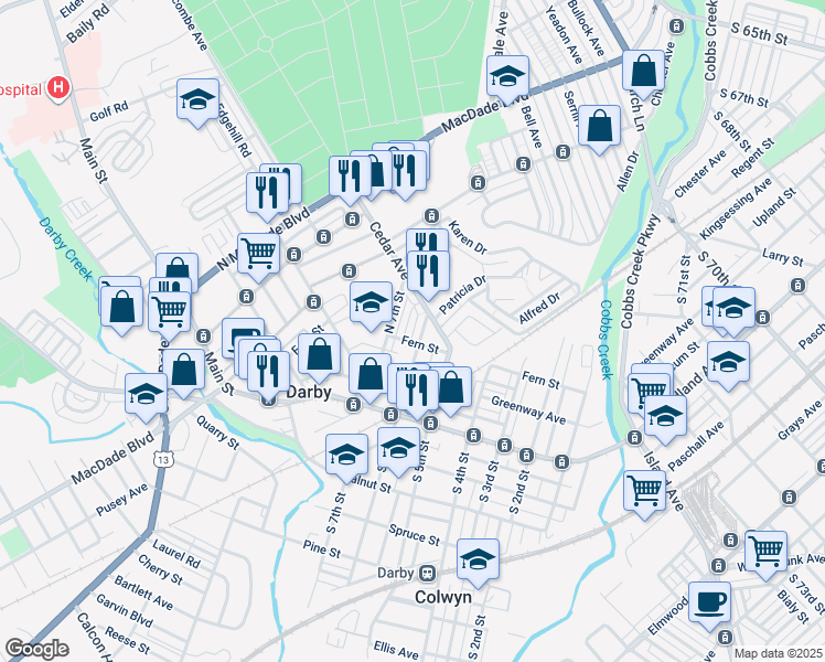 map of restaurants, bars, coffee shops, grocery stores, and more near 211 Wright Avenue in Darby