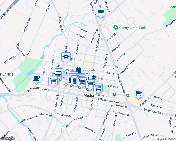 map of restaurants, bars, coffee shops, grocery stores, and more near 301 North Jackson Street in Media