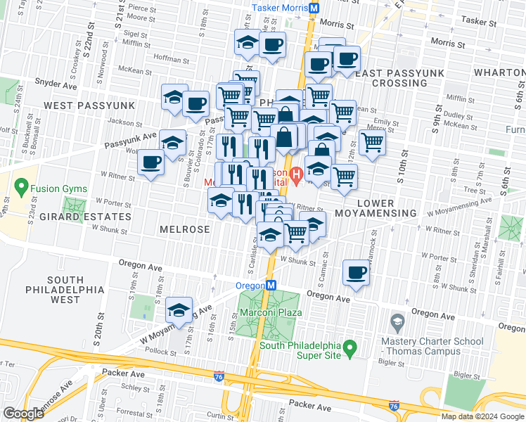 map of restaurants, bars, coffee shops, grocery stores, and more near 2419 South Carlisle Street in Philadelphia