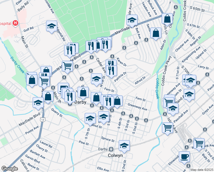 map of restaurants, bars, coffee shops, grocery stores, and more near 211 Wright Avenue in Darby