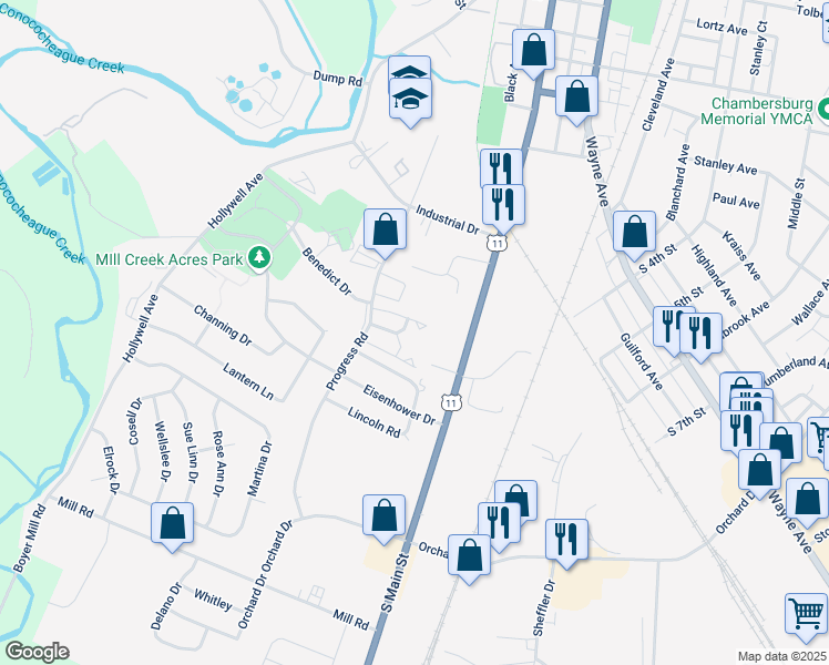 map of restaurants, bars, coffee shops, grocery stores, and more near 156 Green Meadow Lane in Chambersburg