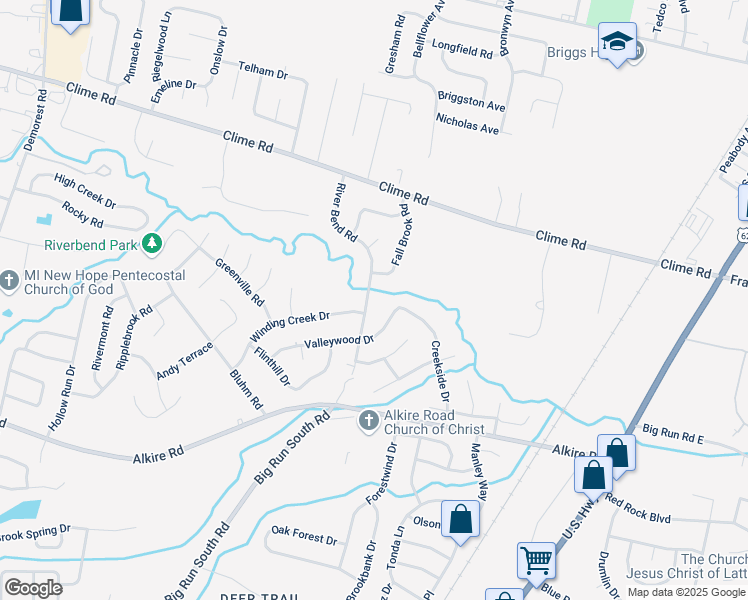 map of restaurants, bars, coffee shops, grocery stores, and more near 1636 Fall Brook Road in Columbus