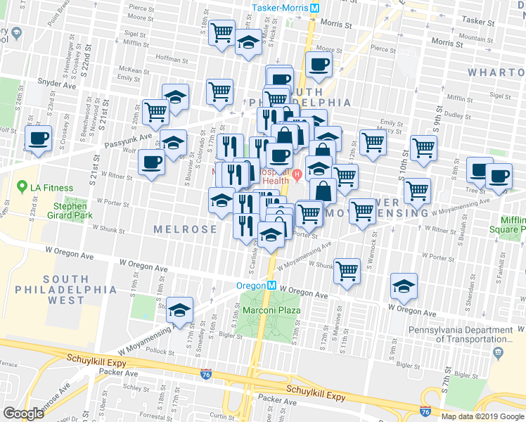 map of restaurants, bars, coffee shops, grocery stores, and more near 2419 South Carlisle Street in Philadelphia