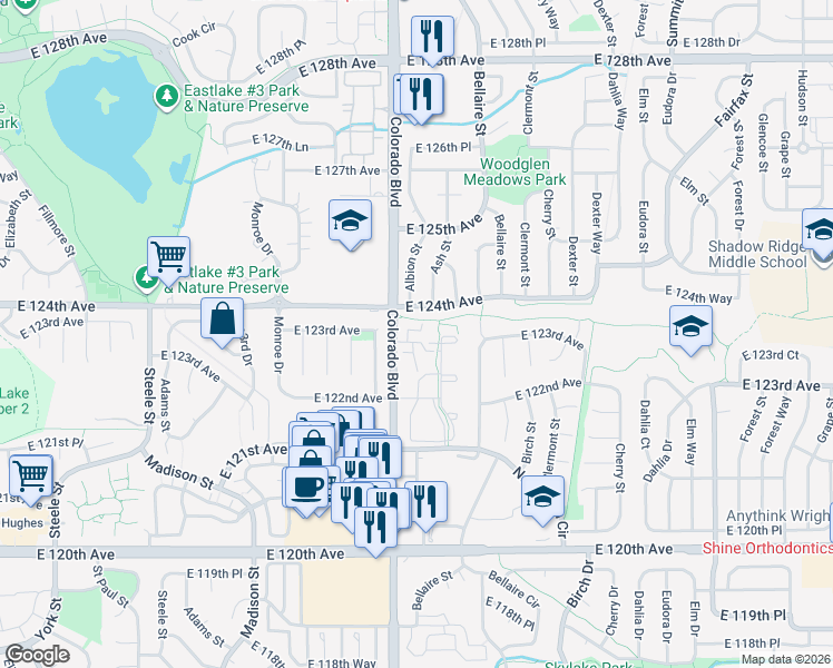 map of restaurants, bars, coffee shops, grocery stores, and more near East 124th Avenue in Thornton