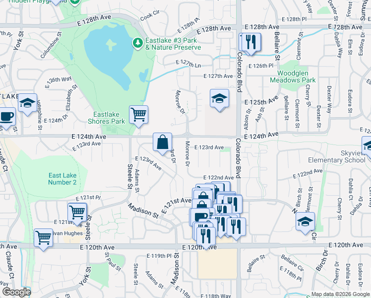 map of restaurants, bars, coffee shops, grocery stores, and more near 12378 Monroe Drive in Thornton