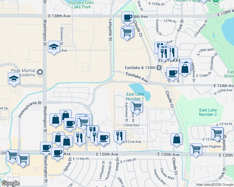 map of restaurants, bars, coffee shops, grocery stores, and more near East Eastlake Avenue in Thornton