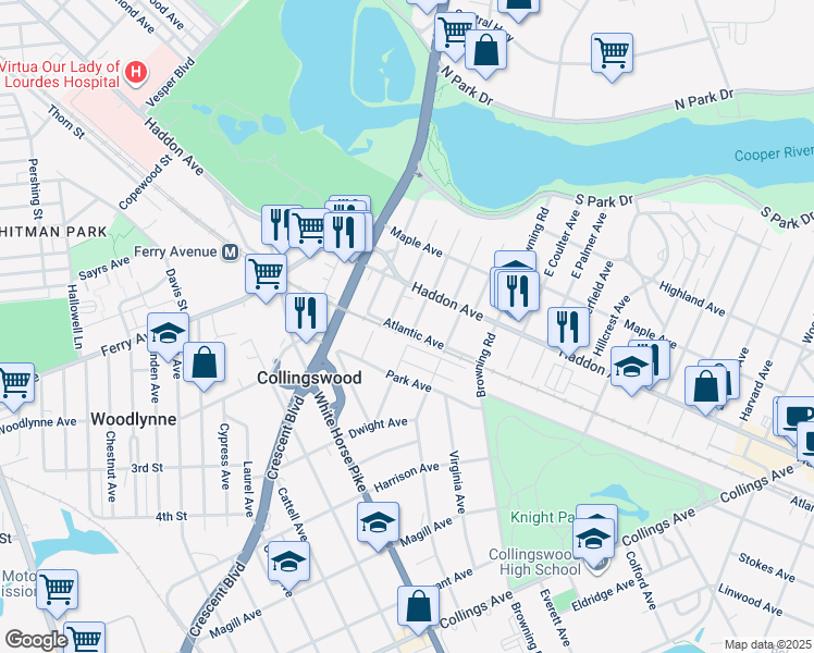map of restaurants, bars, coffee shops, grocery stores, and more near 5 West Narberth Terrace in Collingswood