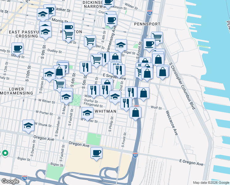 map of restaurants, bars, coffee shops, grocery stores, and more near 2145 South 3rd Street in Philadelphia
