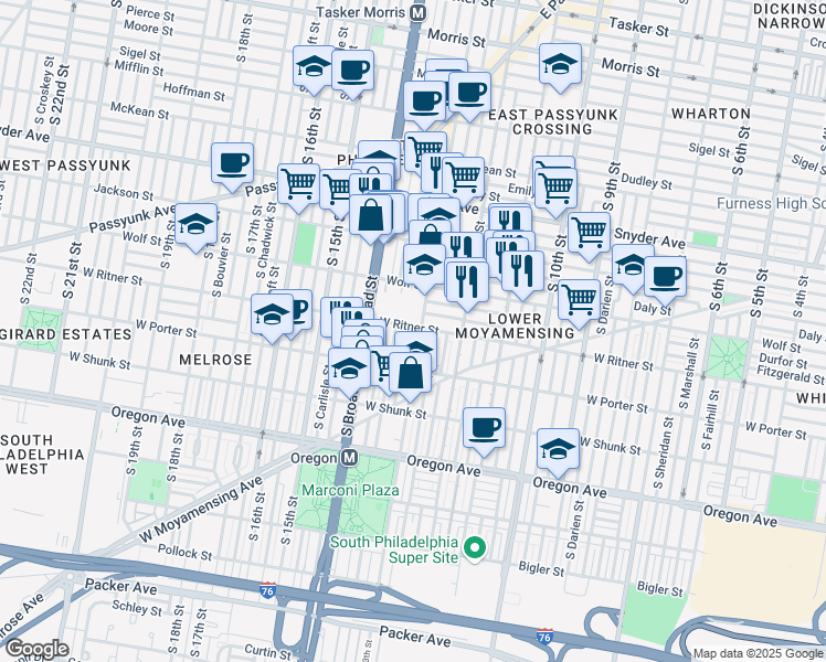 map of restaurants, bars, coffee shops, grocery stores, and more near 2319 South 13th Street in Philadelphia