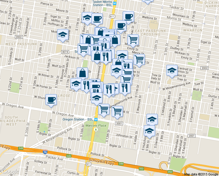 map of restaurants, bars, coffee shops, grocery stores, and more near 2301 South Broad Street in Philadelphia