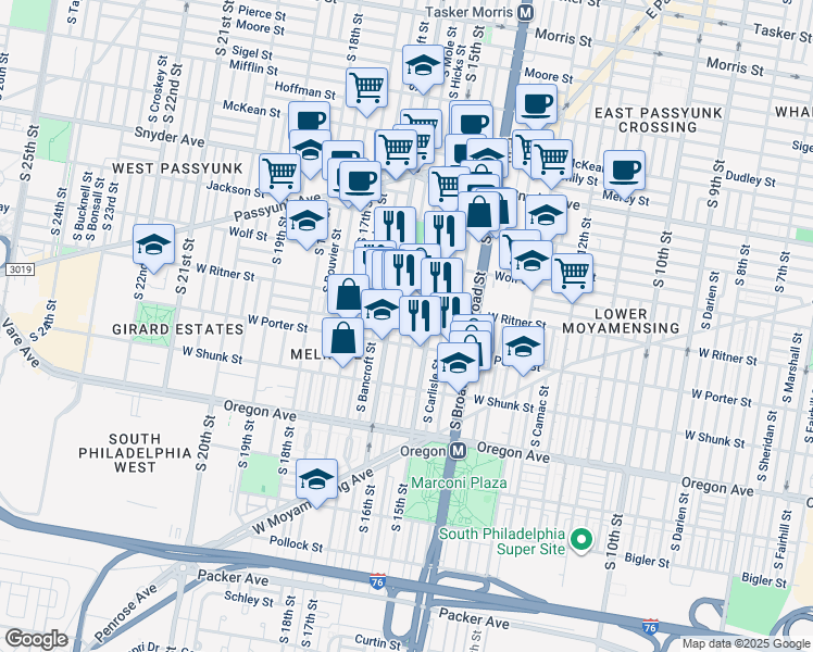 map of restaurants, bars, coffee shops, grocery stores, and more near 2429 South Mole Street in Philadelphia