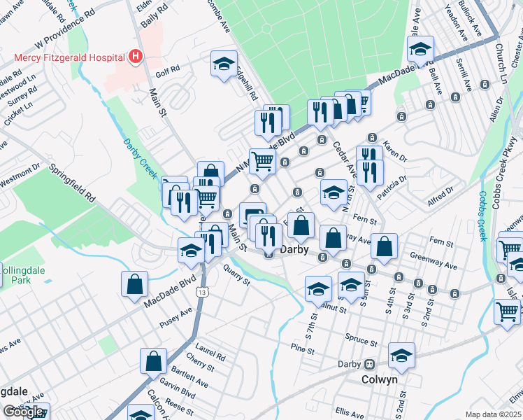 map of restaurants, bars, coffee shops, grocery stores, and more near 910 Ridge Avenue in Darby
