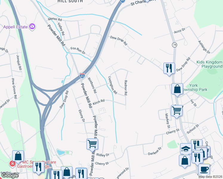 map of restaurants, bars, coffee shops, grocery stores, and more near 118 Lexington Road in York
