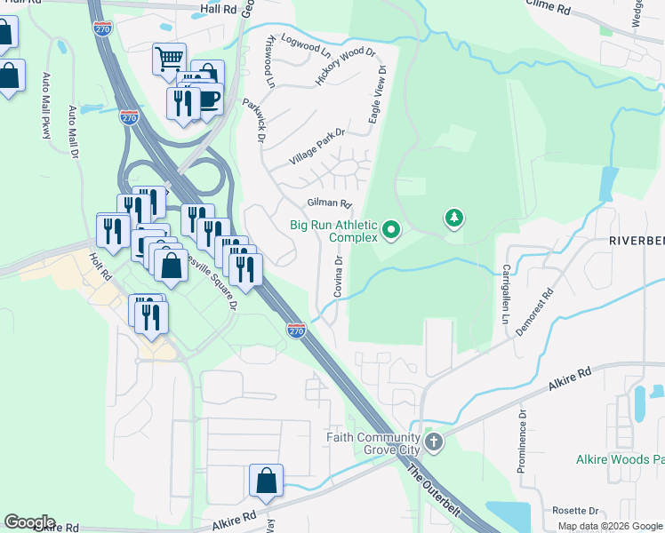 map of restaurants, bars, coffee shops, grocery stores, and more near 1527 Covina Drive in Columbus