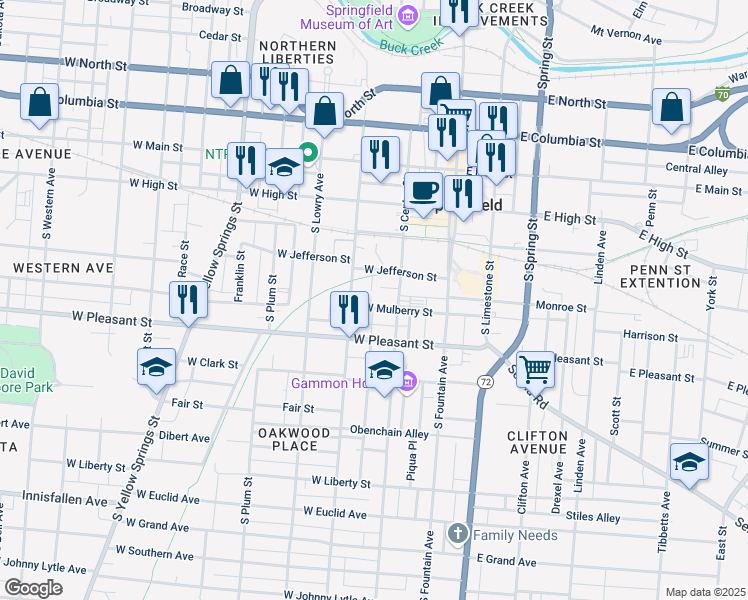 map of restaurants, bars, coffee shops, grocery stores, and more near Simon Kenton Trail in Springfield