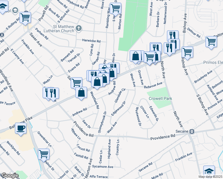 map of restaurants, bars, coffee shops, grocery stores, and more near 500 Andrew Drive in Springfield