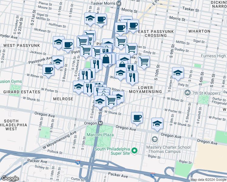 map of restaurants, bars, coffee shops, grocery stores, and more near 1322 West Ritner Street in Philadelphia
