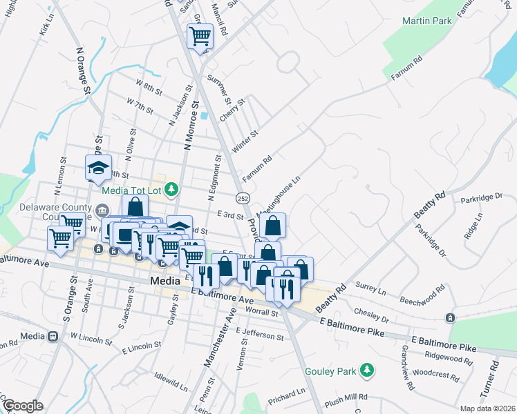 map of restaurants, bars, coffee shops, grocery stores, and more near 405 North Providence Road in Media