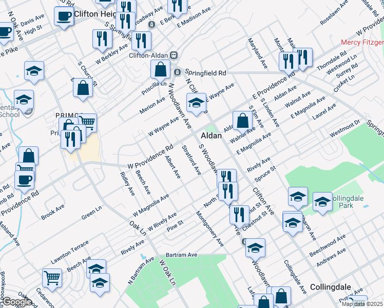 map of restaurants, bars, coffee shops, grocery stores, and more near 25 Stratford Avenue in Aldan