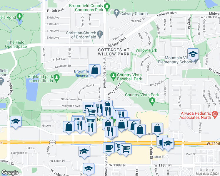 map of restaurants, bars, coffee shops, grocery stores, and more near 12327 Wolff Drive in Broomfield