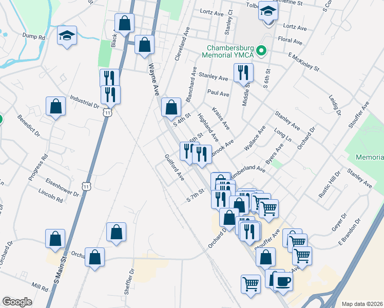 map of restaurants, bars, coffee shops, grocery stores, and more near 1102 S 5th Street in Chambersburg