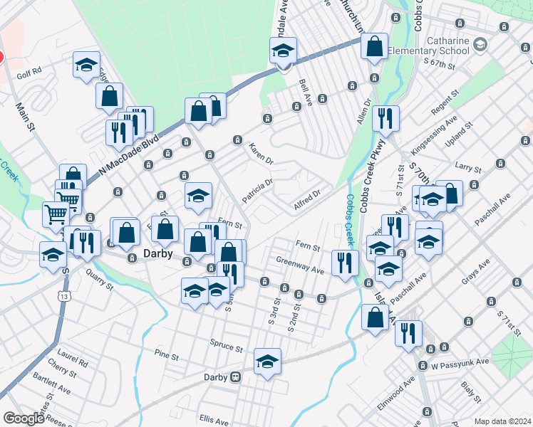 map of restaurants, bars, coffee shops, grocery stores, and more near 210 Londonderry Lane in Darby
