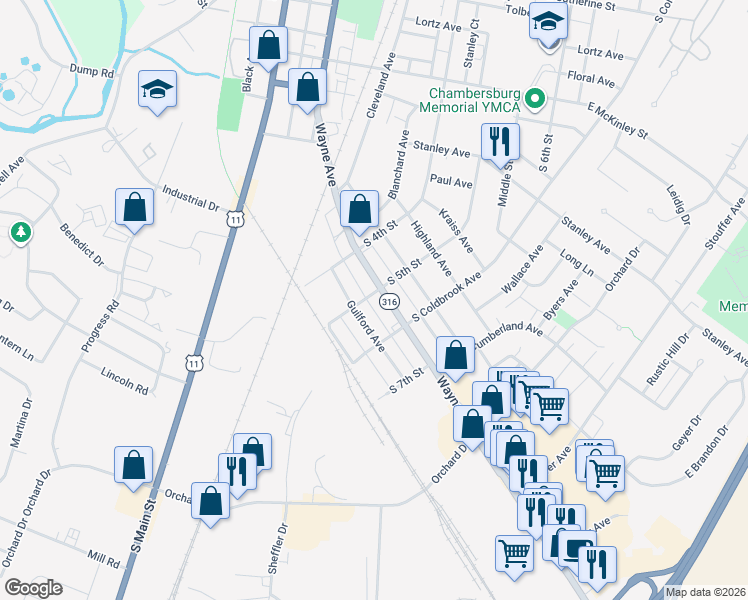 map of restaurants, bars, coffee shops, grocery stores, and more near 454 Wayne Avenue in Chambersburg