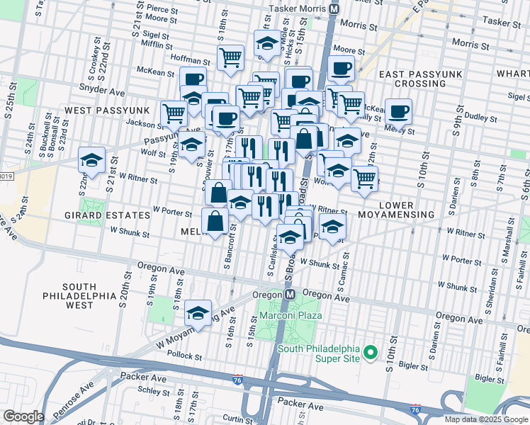 map of restaurants, bars, coffee shops, grocery stores, and more near 2425 South Hicks Street in Philadelphia
