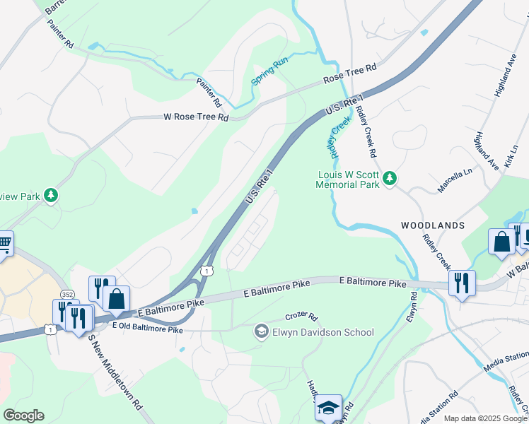 map of restaurants, bars, coffee shops, grocery stores, and more near 46 Skylar Circle in Media