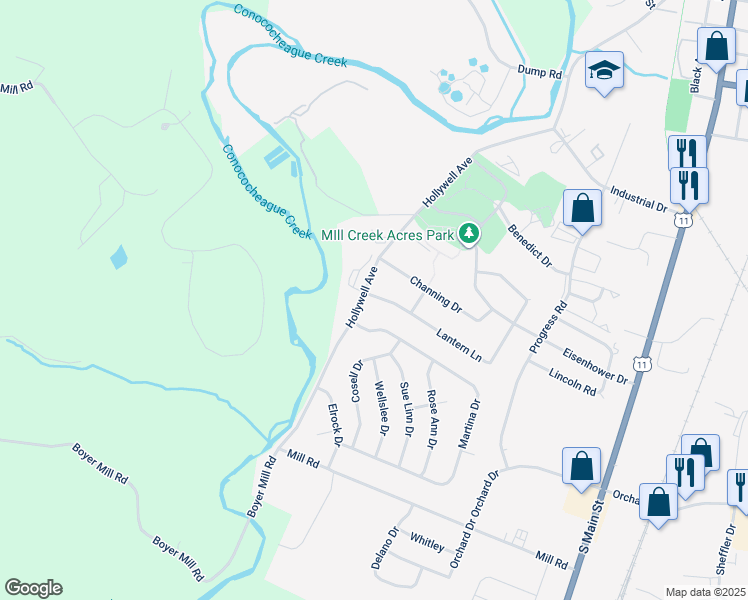 map of restaurants, bars, coffee shops, grocery stores, and more near 1168 Hollywell Avenue in Chambersburg