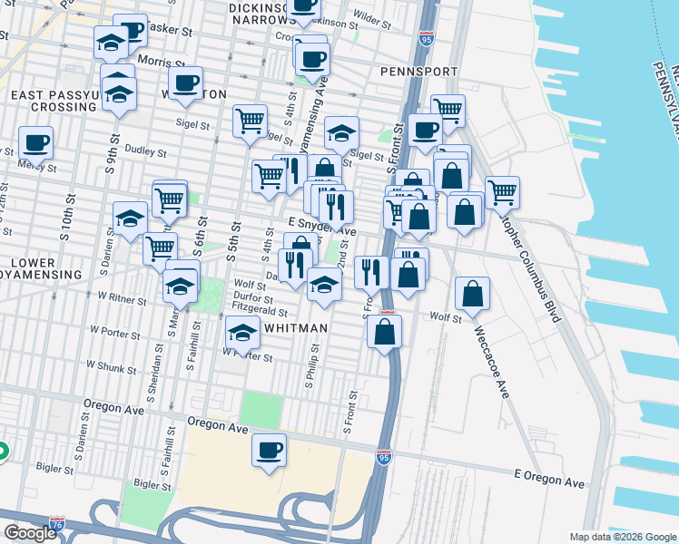 map of restaurants, bars, coffee shops, grocery stores, and more near 2208 South 2nd Street in Philadelphia