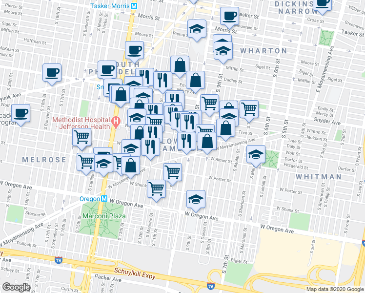 map of restaurants, bars, coffee shops, grocery stores, and more near 2334 South Alder Street in Philadelphia