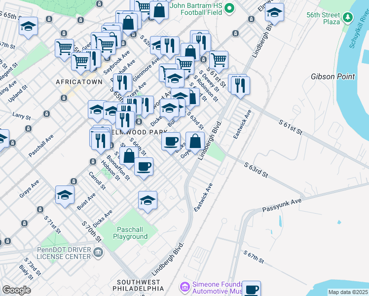map of restaurants, bars, coffee shops, grocery stores, and more near 6341 Dicks Avenue in Philadelphia