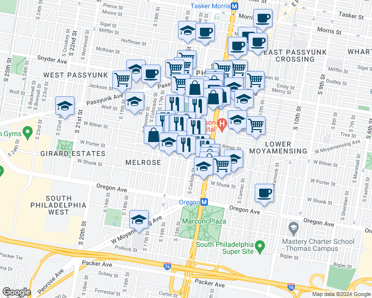 map of restaurants, bars, coffee shops, grocery stores, and more near 2425 South Hicks Street in Philadelphia