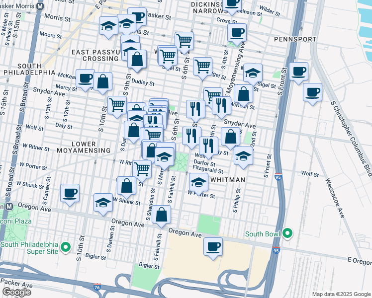 map of restaurants, bars, coffee shops, grocery stores, and more near 2235 South Reese Street in Philadelphia