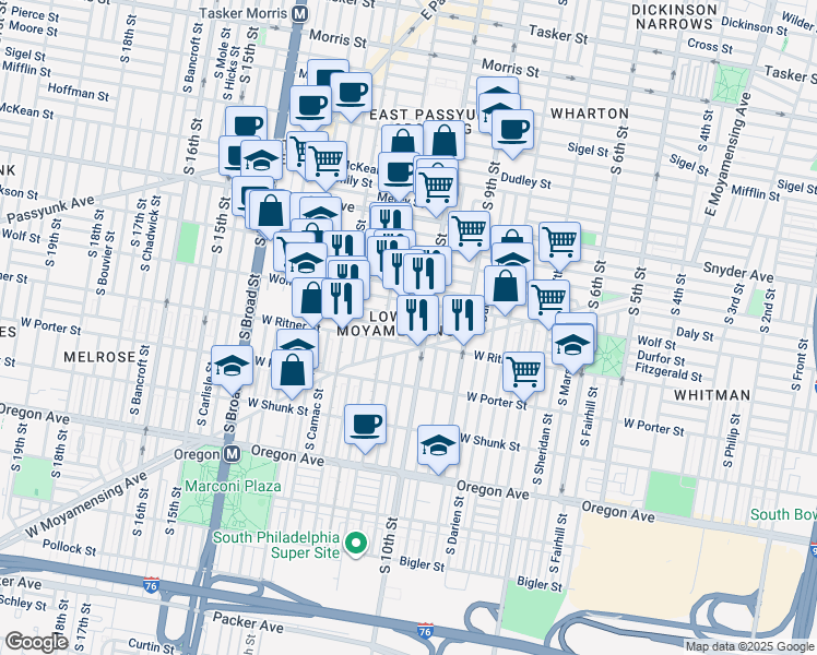 map of restaurants, bars, coffee shops, grocery stores, and more near 2334 South Alder Street in Philadelphia